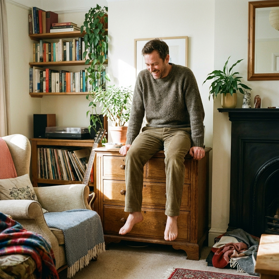 Ein Mann sitzt auf einer stabilen Kommode und lässt die Unterschenkel locker und entspannt in der Luft pendeln. Gemütliche Einrichtung im Hintergrund.