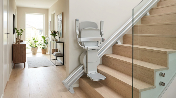 Ein moderner, unauffälliger Treppenlift fährt an einer hellen Holztreppe in einem gepflegten Einfamilienhaus empor. Im Hintergrund ist ein einladender Flur zu sehen.