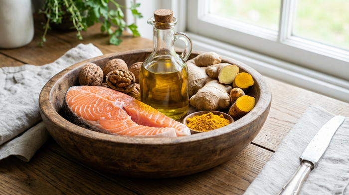 Eine rustikale Holzschale gefüllt mit frischem Lachs, Walnüssen, einer Flasche Leinöl, frischem Ingwer und leuchtend gelbem Kurkuma auf einem sauberen Küchentisch.