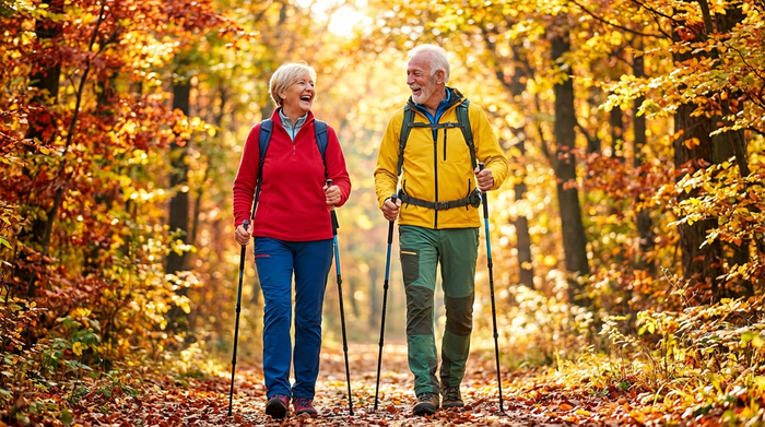 Zwei fröhliche Senioren beim Nordic Walking auf einem sonnigen Waldweg im Herbst. Sie tragen sportliche Kleidung und nutzen Walking-Stöcke aktiv.