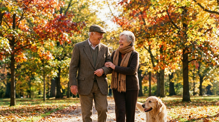Ein älterer Herr geht an einem sonnigen Herbsttag im Park spazieren, begleitet von einer einfühlsamen Betreuungskraft. Bunte Blätter an den Bäumen, beide unterhalten sich angeregt und lachen.