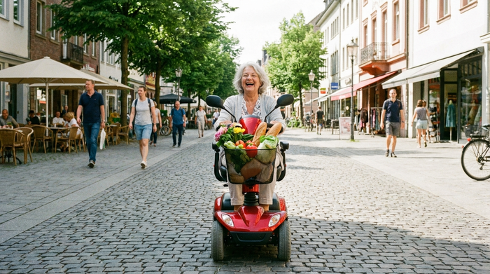 Eine fröhliche Seniorin fährt mit einem modernen, roten Elektromobil über einen gepflasterten Gehweg in einer sauberen Fußgängerzone. Im Korb liegen frische Einkäufe, realistische Straßenszene ohne Text.