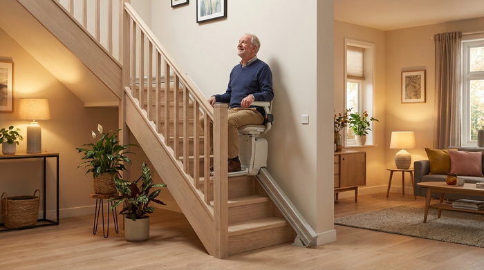 Ein moderner, unauffälliger Treppenlift an einer hellen Holztreppe in einem gepflegten Einfamilienhaus. Ein zufriedener älterer Mann fährt sicher in die obere Etage, warme Beleuchtung.