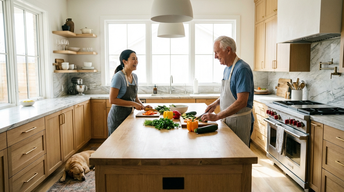 Eine fürsorgliche Pflegekraft und ein Senior kochen gemeinsam in einer hellen, modernen Küche. Sie schneiden frisches Gemüse, lächeln sich an und genießen die gemeinsame Zeit.