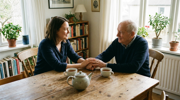 Eine Tochter sitzt mit ihrem älteren Vater am Esstisch. Sie halten sich an den Händen und führen ein vertrauensvolles, ruhiges Gespräch. Eine Tasse Tee steht auf dem Tisch.