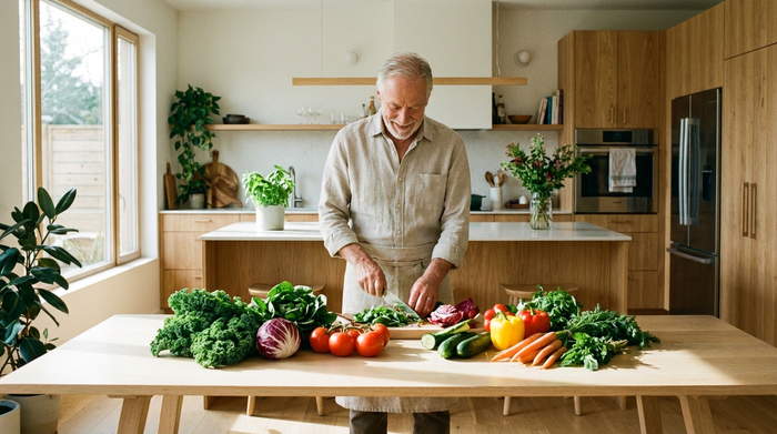 Ein älterer Herr sitzt an einem hellen Holztisch in einer modernen Küche und bereitet einen gesunden Salat mit viel frischem Gemüse zu. Die Szene betont eine vitaminreiche Ernährung im Alter, natürliches Licht, sehr realistisch und ohne Text.