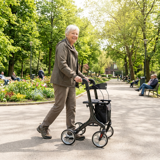 Eine rüstige Seniorin geht mit einem modernen Rollator sicher durch einen sonnigen, grünen Park. Sie lächelt leicht und trägt bequeme, geschlossene Schuhe. Die Umgebung ist friedlich und barrierefrei.