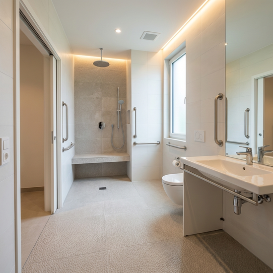 Ein modernes, barrierefreies Badezimmer mit einer bodengleichen Dusche, rutschfesten Fliesen und stabilen Haltegriffen an den hellen Wänden. Alles ist sauber, gut beleuchtet und sicher gestaltet.