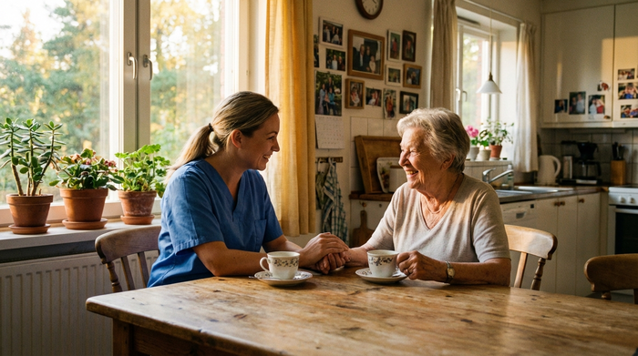 Eine fürsorgliche Pflegekraft in blauer Berufskleidung sitzt mit einer älteren Dame am Esstisch und unterhält sich freundlich bei einer Tasse Tee. Die Stimmung ist harmonisch und unterstützend, warmes Licht durchflutet den Raum.
