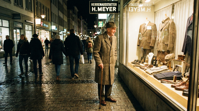 Ein gut gekleideter älterer Mann steht vor einem hell erleuchteten Schaufenster in einer Fußgängerzone, stützt sich leicht nach vorne ab und betrachtet entspannt die Auslage.
