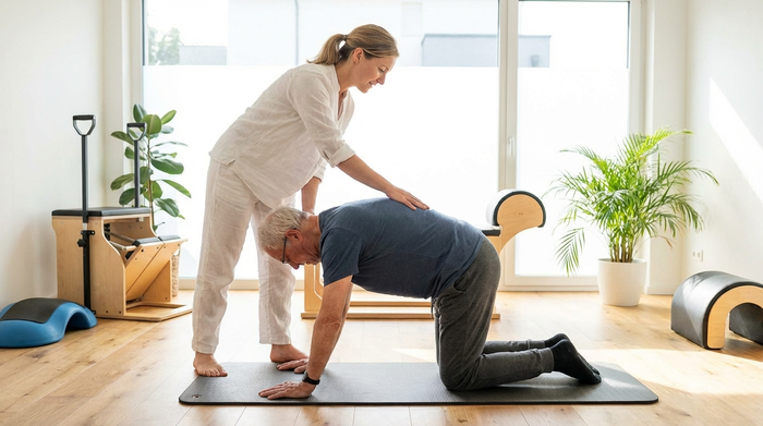 Eine freundliche Physiotherapeutin in weißer Kleidung unterstützt einen älteren Patienten behutsam bei einer rückenstärkenden Übung in einer modernen, hellen und freundlichen Praxis.
