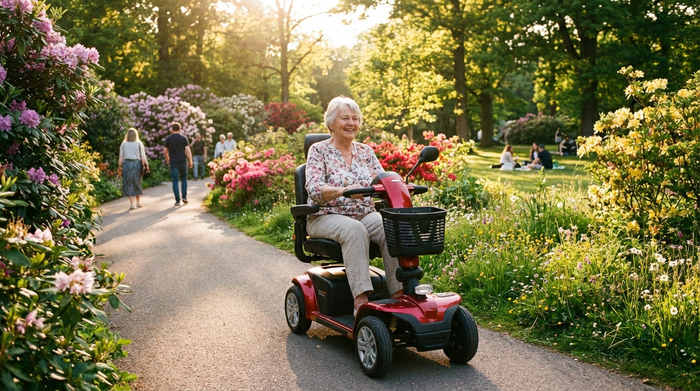 Eine lächelnde Seniorin fährt an einem sonnigen Nachmittag entspannt mit einem modernen roten Elektromobil auf einem asphaltierten Weg durch eine grüne, blühende Parkanlage.