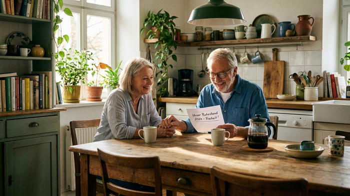 Ein älteres Ehepaar sitzt gemeinsam am Holzesstisch, sie betrachten zufrieden ein Dokument und trinken Kaffee in einer gemütlich eingerichteten Küche.