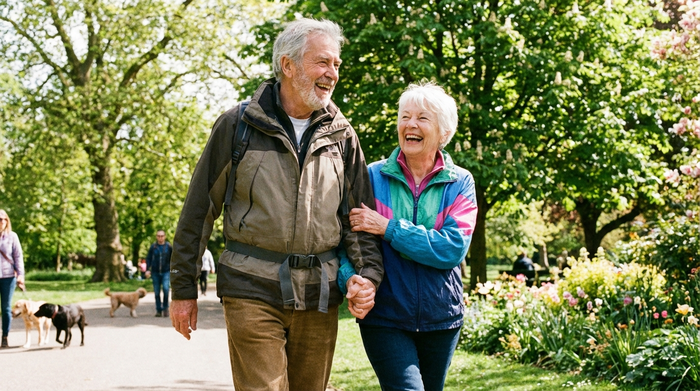 Ein älteres Ehepaar spaziert lächelnd durch einen sonnigen Park, umgeben von grünen Bäumen. Beide wirken vital und genießen die frische Luft bei leichter Bewegung.