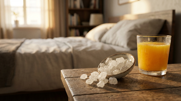 Eine Nahaufnahme von Traubenzuckerstücken und einem Glas Orangensaft auf einem hölzernen Nachttisch. Im unscharfen Hintergrund ist ein gemütliches, aufgeräumtes Schlafzimmer zu erkennen.