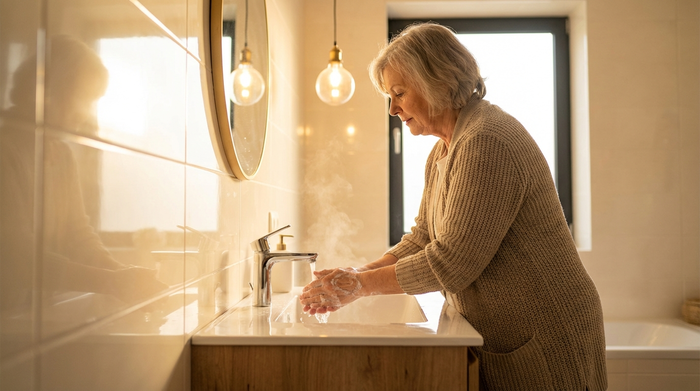 Eine ältere Dame wäscht sich sorgfältig die Hände mit warmem Wasser an einem modernen, hellen Waschbecken im Badezimmer. Das warme Licht spiegelt sich in den sauberen Fliesen.