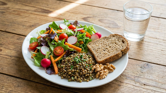Ein ansprechend angerichteter Teller mit einem bunten Salat, Linsen, einer Scheibe Vollkornbrot und ein paar Walnüssen auf einem rustikalen Esstisch. Daneben steht ein Glas stilles Wasser.