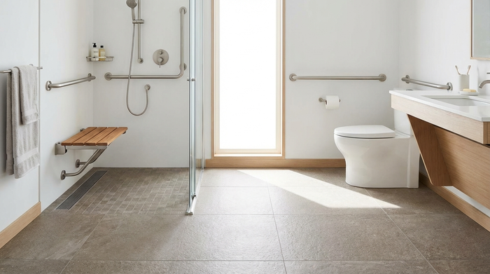 Ein helles, modern umgebautes, barrierefreies Badezimmer mit einer bodengleichen Dusche, rutschfesten Fliesen und stabilen Haltegriffen an den Wänden. Alles wirkt sauber und sicher.