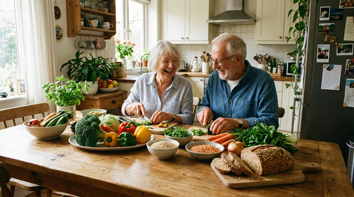 Ein älteres Ehepaar sitzt gemeinsam am Esstisch und bereitet eine gesunde, ausgewogene Mahlzeit vor. Frisches Gemüse und Vollkornprodukte liegen auf dem Tisch, warme und einladende Stimmung.