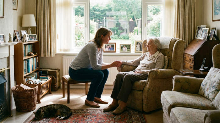 Eine besorgte Tochter hält beruhigend die Hand ihrer älteren Mutter, die etwas erschöpft in einem bequemen Sessel sitzt. Einfühlsame, ruhige Szene im Wohnzimmer.