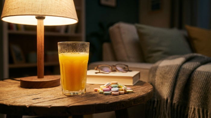 Ein Glas Orangensaft und ein paar Traubenzucker-Plättchen stehen bereit auf einem kleinen Holztisch neben einer Leselampe. Klare, fokussierte Nahaufnahme in einem gemütlichen Raum.