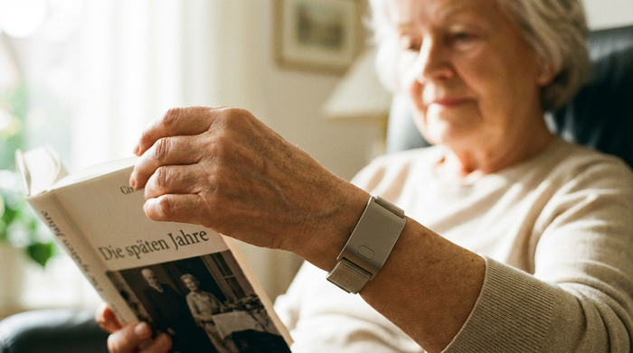 Ein moderner, unauffälliger Hausnotruf-Sender am Handgelenk einer älteren Frau, die entspannt ein Buch liest. Fokus auf das Handgelenk und das Gefühl von Sicherheit.