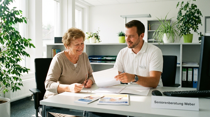 Eine ältere Frau und ein freundlicher Pflegeberater sitzen gemeinsam über einigen Dokumenten am Schreibtisch und besprechen entspannt die Pflegeleistungen. Helles Büro, professionelle Beratung.