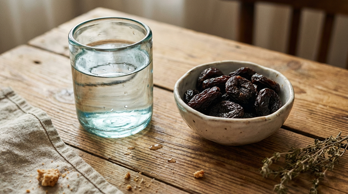 Ein Glas Wasser und eine kleine Schale mit getrockneten Pflaumen auf einem rustikalen Holztisch, sanftes Morgenlicht, gemütliche und natürliche Atmosphäre, Makroaufnahme.