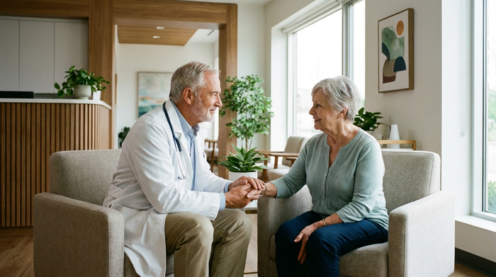 Ein empathischer, erfahrener Arzt im weißen Kittel im Gespräch mit einer älteren Dame in einer modernen, hellen Arztpraxis. Beide sitzen sich zugewandt, vertrauensvolle und beruhigende Atmosphäre.