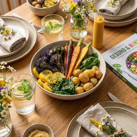 Eine bunte, ansprechende Mahlzeit aus schonend gegartem Gemüse, Kartoffeln und einem Glas Wasser auf einem schön gedeckten Tisch. Warme, einladende Farben, Fokus auf gesunde Ernährung.