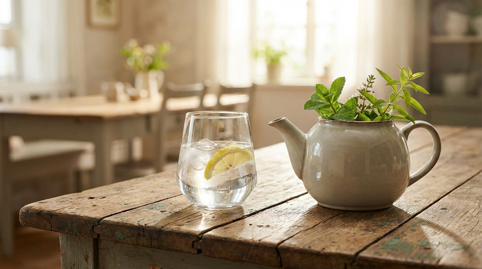 Ein klares, stilvolles Glas Wasser neben einer Kanne mit frischem Kräutertee auf einem rustikalen Holztisch. Im Hintergrund unscharf ein gemütliches Esszimmer im Sonnenlicht.