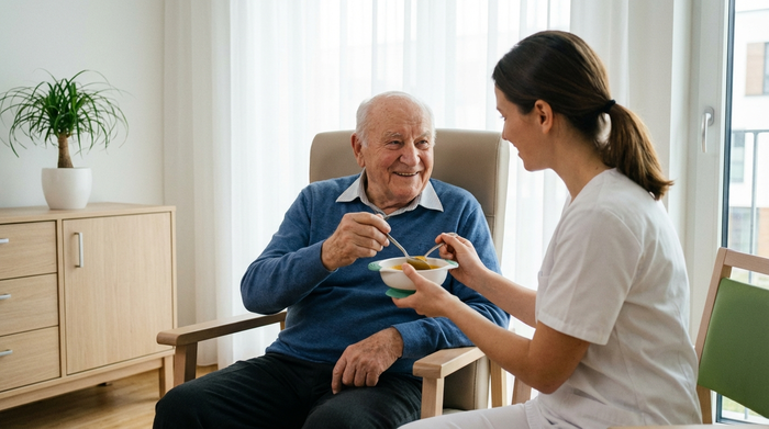 Ein freundlicher älterer Herr isst entspannt pürierte Suppe aus einer ergonomischen Schale, unterstützt von einer Pflegekraft. Helles, sauberes Pflegezimmer.