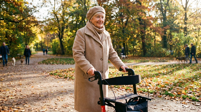 Eine ältere Dame spaziert mit einem modernen Rollator durch einen herbstlichen Park. Sie trägt einen beigen Mantel und lächelt leicht. Helle, natürliche Beleuchtung, fotorealistisch.