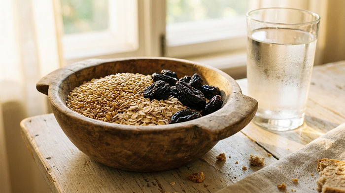 Eine Nahaufnahme einer rustikalen Holzschale gefüllt mit Leinsamen, Haferkleie und getrockneten Pflaumen auf einem hellen Holztisch. Daneben steht ein großes Glas Wasser. Sanftes Morgenlicht.