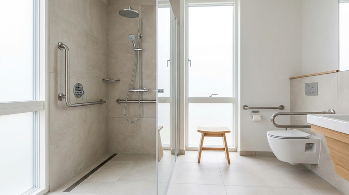 Ein helles, modernes und barrierefreies Badezimmer mit einer bodengleichen Dusche und stabilen Haltegriffen an den Wänden. Ein kleiner Holzhocker steht dezent vor der Toilette. Sauber und aufgeräumt.