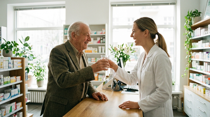 Ein älterer Mann sitzt im Gespräch mit einer freundlichen Apothekerin in einer hellen Apotheke. Sie reicht ihm ein Glas Wasser. Beide wirken entspannt und vertrauensvoll, fotorealistische Szene ohne Text.