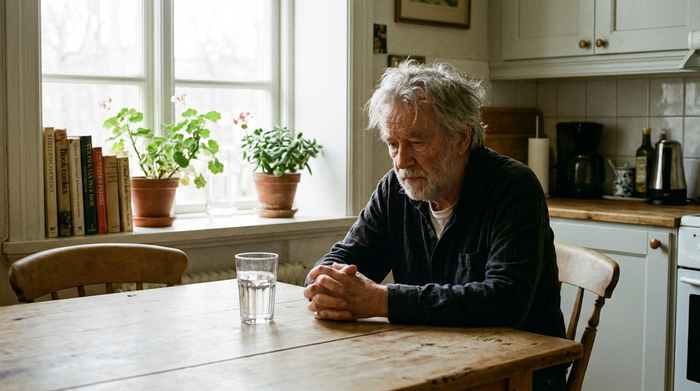 Ein älterer Herr mit grauem Haar sitzt nachdenklich an einem Holztisch in einer hellen Küche, vor ihm steht ein unberührtes Glas Wasser. Sanftes Tageslicht fällt durch das Fenster.
