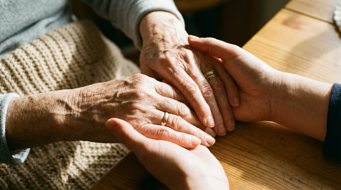 Eine Nahaufnahme der Hände einer älteren Frau, die sanft von einer jüngeren Person gehalten werden. Die detaillierte Hautstruktur ist sichtbar, warme und vertrauensvolle Atmosphäre.