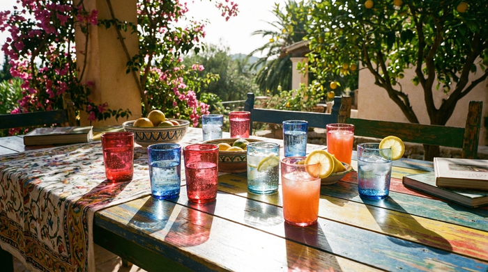 Ein farbenfroher Tisch auf einer sonnigen Terrasse mit verschiedenen roten und blauen Trinkgläsern, gefüllt mit klarem Wasser, Saftschorle und frischen Zitronenscheiben.