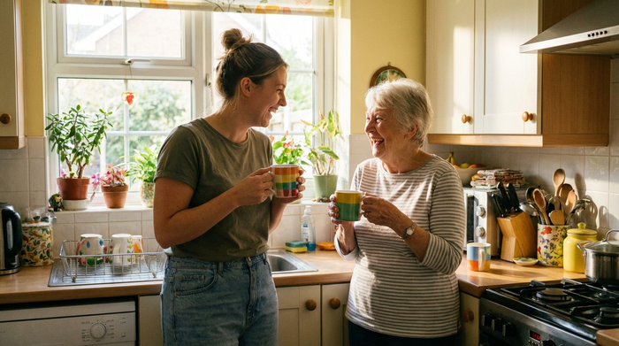 Eine freundliche Pflegekraft in Alltagskleidung lacht gemeinsam mit einer Seniorin, während sie zusammen in einer hellen Küche aus bunten Tassen trinken. Entspannte, fröhliche Stimmung.