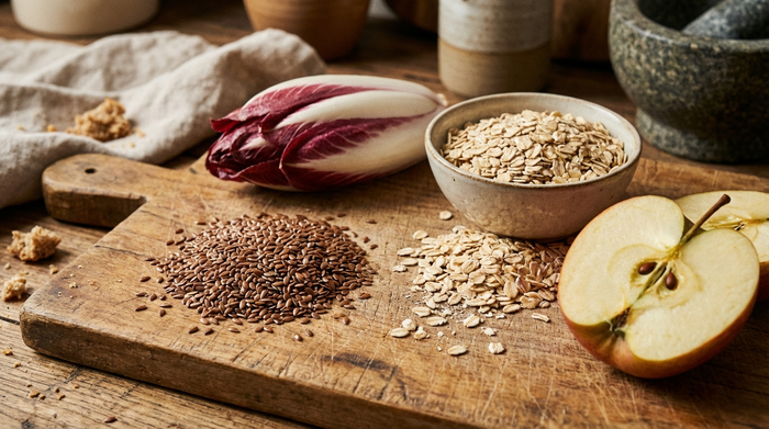 Nahaufnahme von frischen, ballaststoffreichen Lebensmitteln auf einem rustikalen Holzbrett: Leinsamen, Haferflocken, Chicorée und ein halber Apfel. Natürliches Tageslicht, gemütliche Küchenumgebung, hochauflösend.