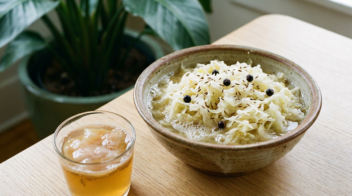 Eine rustikale Schale mit frischem Sauerkraut und ein kleines Glas Kombucha auf einem hellen Holztisch. Im Hintergrund unscharf eine grüne Pflanze. Fokus auf die Textur des Kohls, realistische Fotografie.