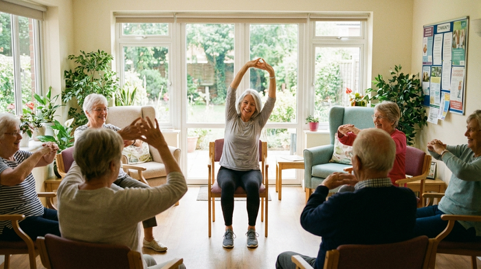 Eine Gruppe von Senioren macht leichte Gymnastikübungen im Sitzen in einem hellen, freundlichen Raum. Eine Frau streckt sanft die Arme nach oben. Entspannte, positive Stimmung.