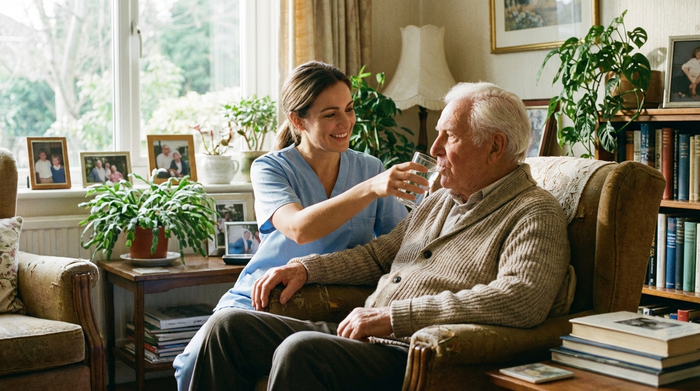 Eine fürsorgliche Pflegekraft reicht einem älteren Herrn mit weißen Haaren liebevoll ein Glas Wasser. Der Senior sitzt gemütlich in einem Sessel. Helle, freundliche Wohnzimmeratmosphäre.