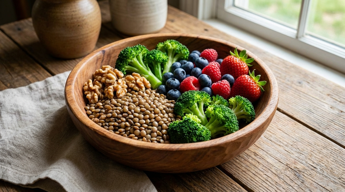 Eine liebevoll angerichtete Holzschale gefüllt mit ballaststoffreichen Lebensmitteln wie Linsen, Walnüssen, Brokkoliröschen und frischen Beeren auf einem rustikalen Esstisch.