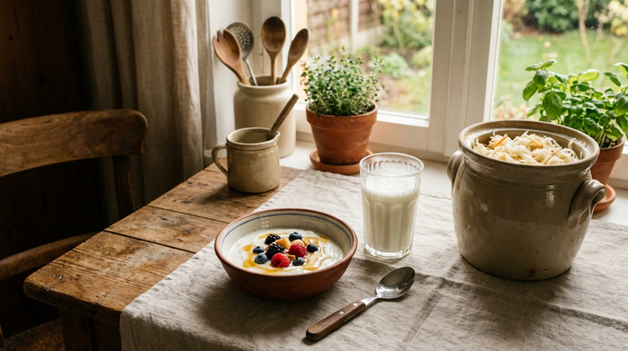 Ein rustikaler Holztisch mit einer Schale frischem Naturjoghurt, daneben ein Glas Kefir und ein traditioneller Steinguttopf mit Sauerkraut in einer gemütlichen, hellen Küche.