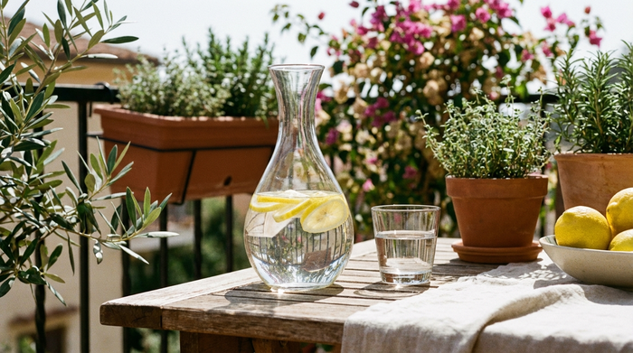 Eine elegante Glaskaraffe mit klarem Wasser und frischen Zitronenscheiben, daneben ein gefülltes Wasserglas auf einem sonnigen Balkontisch. Im Hintergrund unscharf grüne Pflanzen.