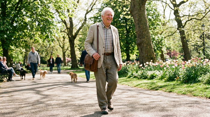 Ein vitaler älterer Herr macht bei strahlendem Sonnenschein einen entspannten Spaziergang in einem grünen Park. Er trägt bequeme Freizeitkleidung und lächelt zufrieden.