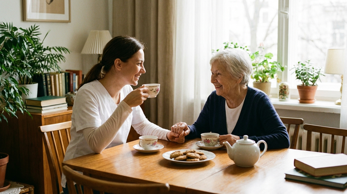 Eine einfühlsame Pflegekraft und eine ältere Dame sitzen lächelnd am Esstisch und trinken gemeinsam Tee. Die Atmosphäre ist vertraut, ruhig und von Fürsorge geprägt.