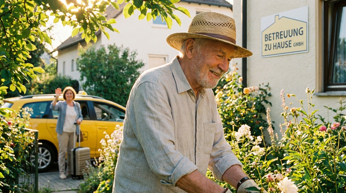 Ein entspannter älterer Herr pflegt seinen Garten bei strahlendem Sonnenschein, während im Hintergrund seine Tochter mit einem Koffer in ein Taxi steigt. Die Szene strahlt Ruhe und Sicherheit aus, da die Betreuung zu Hause gut organisiert ist. Helle, freundliche Farben.